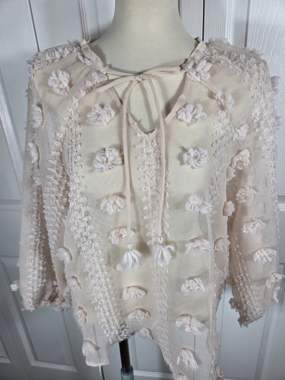 Calypso St Barth Cream Boho Blouse Clip Dot Tie Neck Top M